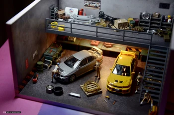1/64 Mastelis Diorama automobilių garažo modelis Modelis LED apšvietimas Dviaukštis garažas Automobilių stovėjimo aikštelė Rodyti scenos modelį