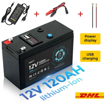12V 120Ah USB įkraunama baterija Geležies fosfato 18650 ličio baterija saulės energija elektriniam automobiliui + 12,6V 3A įkroviklis