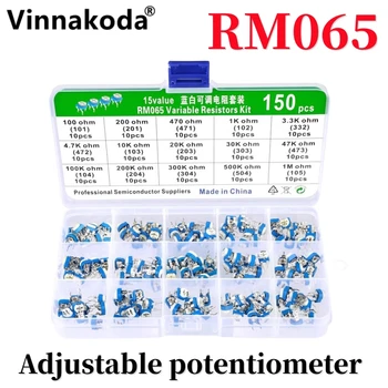 150PCS RM065 į dėžę pristatomi horizontalūs mėlynos ir baltos spalvos reguliuojami rezistorių rinkiniai su 10 vienetų iš 15 specifikacijų