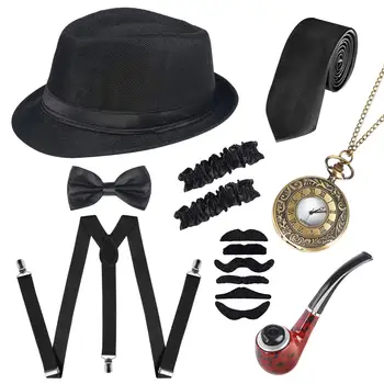 1920s Mens Gatsby gangsterių aksesuarai Helovino vakarėlis Persirengimo skrybėlių rutulio vakarėlis, įskaitant skrybėlių pypkės kišeninio laikrodžio dirželio kaklaraiščio rinkinį