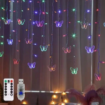 1pc Butterfly Curtain Fairy String lemputės, 120LED 8 režimai, USB nuotolinio valdymo pultas, 4.5M/ 14.8FT, Pakabinama dekoracija kambariui