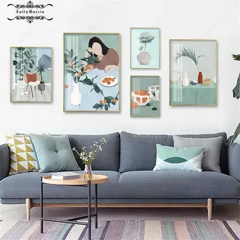 1Vnt Modern Vintage Girl Flower Cat Orange Poster Cartoon Nordic Wall Art Canvas Painting and Prints for Living Room Home Decor