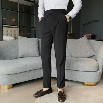 2022 Aukštos kokybės verslo laisvalaikio drapiruotos kelnės aukštu liemeniu Vyrai Vienspalvės oficialios kelnės Vyriškos oficialios biuro socialinio kostiumo kelnės