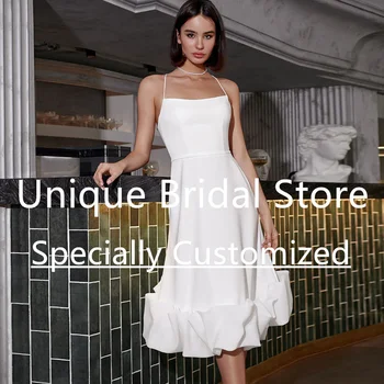2023 Paprasta nuotakos vestuvinė suknelė Spagečių dirželis Trumpas arbatos ilgio Vestido De Noiva Simples e Romântico