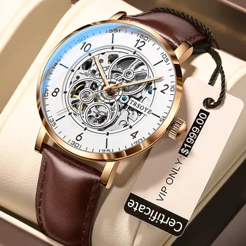2023 TRSOYE Top prekės ženklo mechaninis laikrodis vyrams Skeleto ciferblatas su ruda natūralios odos reloj hombre
