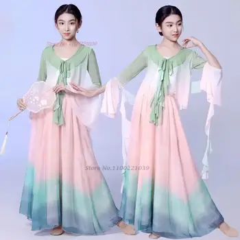 2024 kinų vaikų šokio kostiumas tradicinis pasakų liaudies top+sijonas scenos pasirodymo suknelė hanfu rytietiškas šifono kostiumas