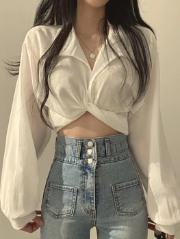 2024 Korėjietiški mados marškiniai Moteriška vientisos spalvos mada Paprasta ir universali priemiestinė akademija Vasaros patogus seksualus plonas prigludimas