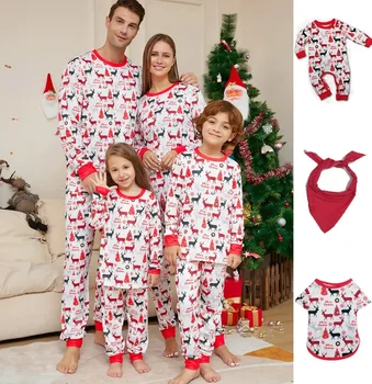 2024 Šeimos kalėdinių pižamų derinimo rinkinys Naujųjų metų mada Raudonas animacinis filmas Kalėdinis elnias Spausdinti Suaugęs vaikas Šeima Atitinkantys aprangos drabužiai