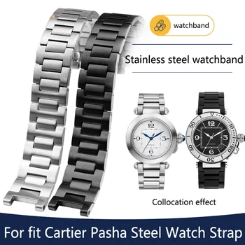 22*14mm laikrodžių apyrankės juosta Sidabrinė juodo metalo laikrodžio juosta su sulankstomu užsegimu tinka Cartier Pasha plieninis laikrodžių dirželis