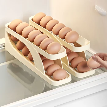 2PCS šaldytuvo kiaušinių organizatorius Automatinis kiaušinių dozatorius Plastikinis valcavimo kiaušinių laikiklis Virtuvės organizatorius