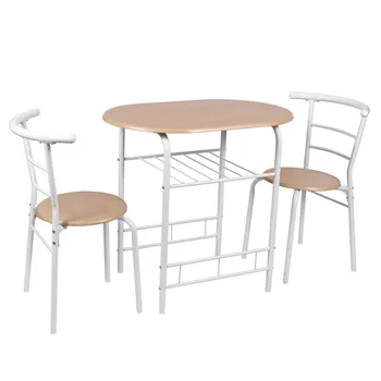 3 dalių metalinis medinis valgomojo komplektas, kurį sudaro 1 stalas ir 2 kėdės - įvairių spalvų, baltos ir buko spalvos (2 žmonių sėdimos vietos)