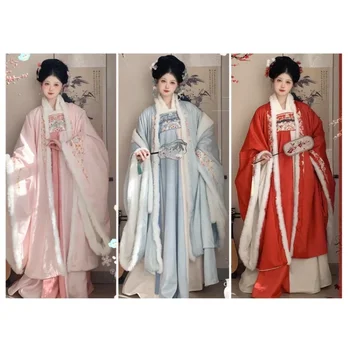 3 Spalvos Žieminiai siuvinėti marškiniai didelėmis rankovėmis Suknelės paltas Tang Moterys Tradicinis kinų šiltų Hanfu chalatų komplektas