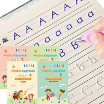 4 Knygos Rašiklis Magic Copy Book Free Wipeping Children Kids Writing Sticker Practice English Copybook For Calligraphy Writing Gift