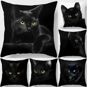 45x45cm Juoda katė Spausdinimo raštas Poliesterio pagalvėlės užvalkalas Pagrindinis Svetainė Sofos dekoras Kvadratinis Mesti pagalvę 