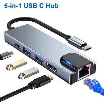 5 in 1 šakotuvas C tipo USB su HDMI suderinamas kelių prievadų adapteris su išvestimi USB 3.0 2.0 RJ45 Ethernet USB C PD įkrovimo prievadai