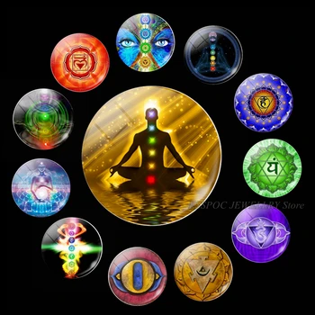 5PCS/SET Magijos ženklas Zen religija Papuošalai 25mm stiklo kabošono čakra Simbolių ženklas Om simbolių radiniai Priedai Dovanos