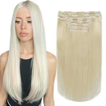 60 Blondinės klipas plaukų priauginimui Žmogaus plaukų šilko tiesus spaustukas priauginimo mašinoje Remy Clip on Hair Extensions 14-24