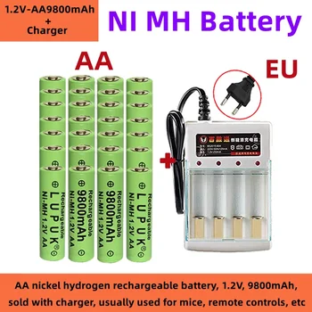AA nikelio vandenilio įkraunama baterija, 1.2V, 9800mAh, parduodama su įkrovikliu, dažniausiai naudojama pelėms, nuotolinio valdymo pultams ir kt