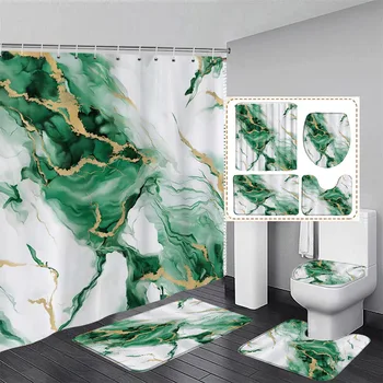 Abstract Green Marble Dušo užuolaidų rinkinys Auksinės linijos tekstūra Modernus geometrinis namų vonios kambario dekoras Kilimas Vonios kilimėlis Tualeto dangčio dangtis