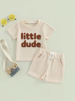 Adorable Toddler Baby Boy Girl Vasarinių drabužių komplektas su vafliniais megztukais trumpomis rankovėmis ir solidžiais šortais - miela raidžių marškinių apranga