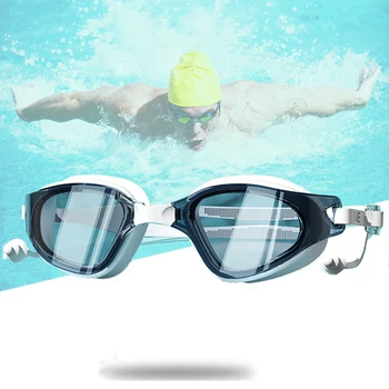 Adult HD Atsparus nuo rūko Didelio rėmo plaukimo akiniai Vyrai Moterys, lenktyniaujančios Plaukimo akiniai su ausų kištuku Nardymo vandens sporto akiniai