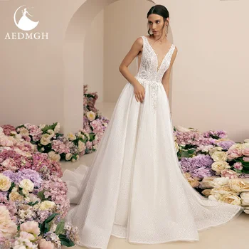 Aedmgh A-Line romantiškos vestuvinės suknelės 2024 V-Neck Berankovės Boho Vestido De Novia nėrinių karoliukais be nugaros blizgus chalatas De Mariee
