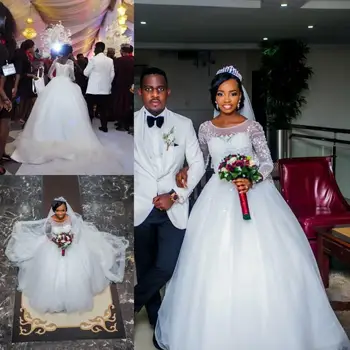 Afrikos pigūs baliniai marškiniai vestuvinės suknelės ilgomis rankovėmis nėrinių aplikacijos karoliukais plius dydžio teismo traukinys Oficialūs vestuviniai chalatai