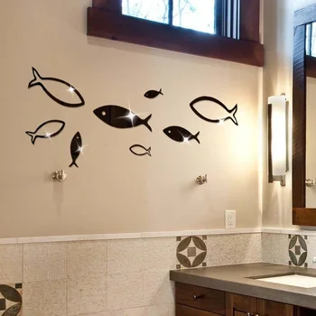Akrilo veidrodžio siena su povandeninio pasaulio žuvų lipdukais Miegamojo svetainės dekoravimas Gražus ir šiltas 2024
