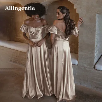 Allingentle Satin Bridesmaid suknelė Moteriai 2023 Valties kaklo vakarinė oficiali suknelė Elegantiška A-Line grindų ilgis Vestidos de Gala