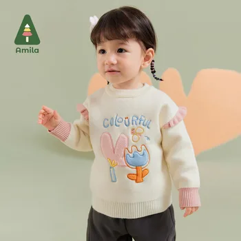 Amila Baby Girl megztiniai 2023 Žiema Naujas daugiaspalvis apvalus kaklas Fleecing Mielas Šiltas Vaikiškas megztinis Kūdikių drabužiai