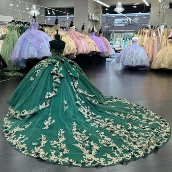 ANGELSBRIDEP Green Ball Gown Quinceanera Suknelės Nėrinių aplikacijos 3D gėlės Corset Back Vestidos de 15 Anos Oficialus gimtadienis