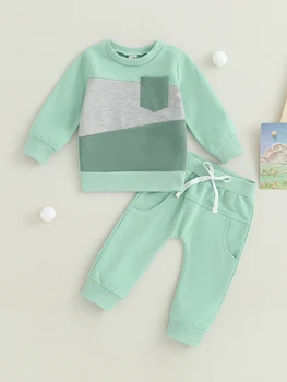 Baby Boy rudens drabužiai Kontrastinės spalvos Patchwork džemperiai ilgomis rankovėmis Vienspalvių kelnių komplektas 2Vnt apranga