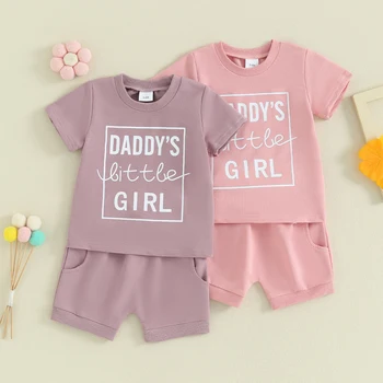 Baby Girl Summer Outfit Letter Print Crew Neck Marškinėliai trumpomis rankovėmis Tops Elastic Waist Shorts 2Pcs Casual Girls Drabužių komplektas