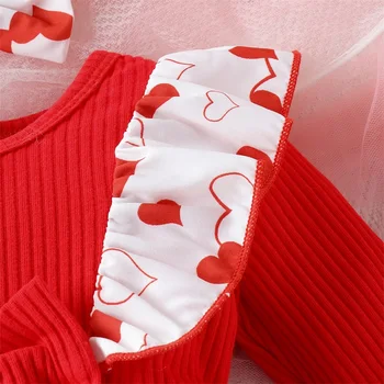 Baby Girl Valentino dienos apranga Ruffle ilgomis rankovėmis širdies atspaudas Romper su galvos juostos rinkiniu Kūdikių drabužiai