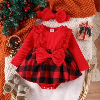 Baby Girls Smėlinukai Kalėdiniai drabužiai Naujagimio pledas Spausdinti Patchwork ilgomis rankovėmis apvaliu kaklu nėriniuotas kombinezonas + galvos juosta Gatvės apranga