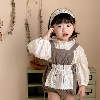 Babys Set Baby Autumn Spring Korean Versatile Tops Jacquard Backstraps Baby Two Piece Simple Lovely Vintage Pleated