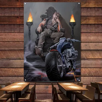 Baikerio menas Motociklų vėliava Gobelenas Baneris Motociklininkas Sienų dekoro plakatas Senovinis ženklas Automobilių tapyba Garažo žmogui Urvas A1