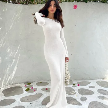 Balta Boodycon Ilga suknelė Vasaros apranga moterims 2023 Elegantiškai be nugaros Maxi suknelė ilgomis rankovėmisVacation laisvalaikio suknelės