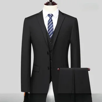 ( Blazer + Liemenė + Kelnės ) Oficialus verslo laisvalaikio vyriškas kostiumas Slim Fit Black 3 dalių komplektas Jaunikis Vestuvinė suknelė Biuro kostiumas Homme