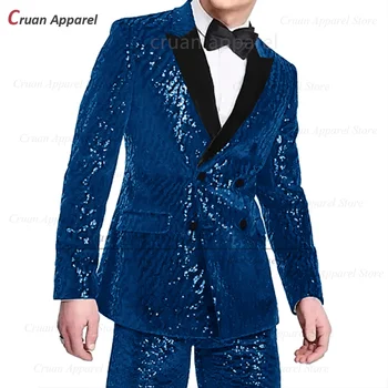 Blizgūs vyriškų kostiumų komplektai 2 vnt Aksominis atlapas Blazer Custom Fashion Sequin Fabric Apranga Vestuvių vakarėlis Jaunikis Elegantiški kostiumai