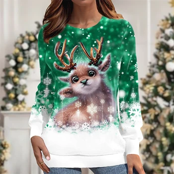 Boutique New Ladies Christmas Deer Print Hoodie Ladies Fashion Crewneck Top Ladies Winter Warm Hoodie Ladies Street Casual Wear
