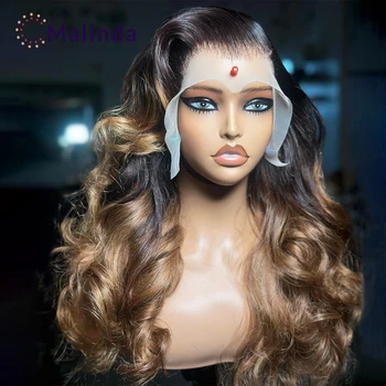 Brazilijos Ombre blondinė Laisva gili banga 250% tankis HD Skaidrūs nėriniai Priekiniai žmogaus plaukai Iš anksto nupešti perukai be klijų Moterims
