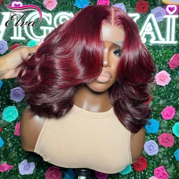 Burgundijos HD nėrinių priekyje Žmogaus plaukai Trumpi perukai moterims Brazilijos 99J Raudona kūno banga 13x6 nėrinių priekinis perukas Iš anksto nupešta plaukų linija