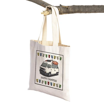 Casual Cartoon House Travel Car Shopping Bags Tote Rankinė dvigubam spausdinimui Happy Camper Van Life Lady Women Canvas Shopper Bag