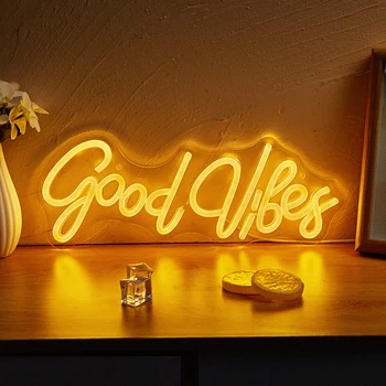 Chi-buy LED Neon Goodvibes USB Powered Neon Signs Night Light 3D Wall Art & Game Room Bedroom Living Deck Lamp Signs