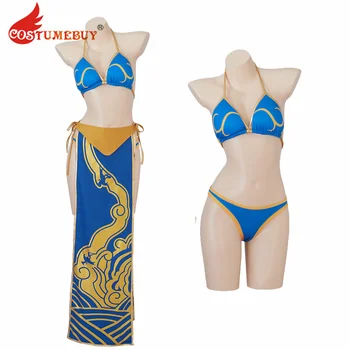 Chun-Li Cosplay kostiumų kovotojas Chun Li Bikini maudymosi kostiumėlis Seksualūs mėlyni maudymosi kostiumėliai Moterų mergaičių Chun Li apranga