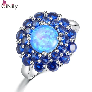 CiNily Created Blue Fire Opal Blue Zircon Silver Plated Ring Wholesale Hot Sell for Women Jewelry Ring Size 5-0 OJ4892