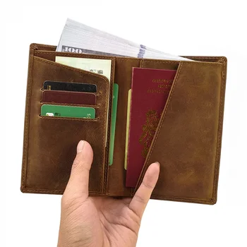 Crazy Horse Leather Cash Passport Card Holder Retro Card Case Man Women Long Wallet Men Cowhide Business Travel Passport Holder