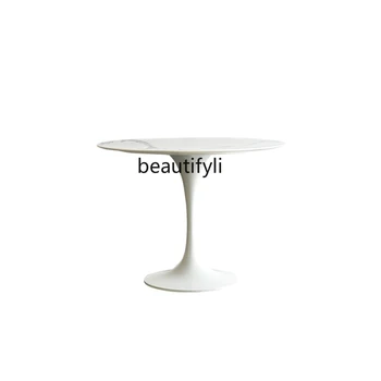 Cream Style apvalus stalas Moderni minimalistinė akmens plokštė Pagrindinis Retro stiliaus restoranas Valgomojo stalas
