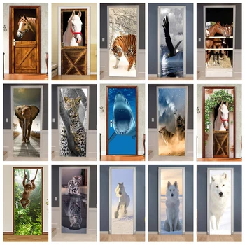 Creative Jungle Animal Door lipdukai Lipnūs 3D nuimami durų tapetai Freskos Vinilos Para Puertas Durų atnaujinimas